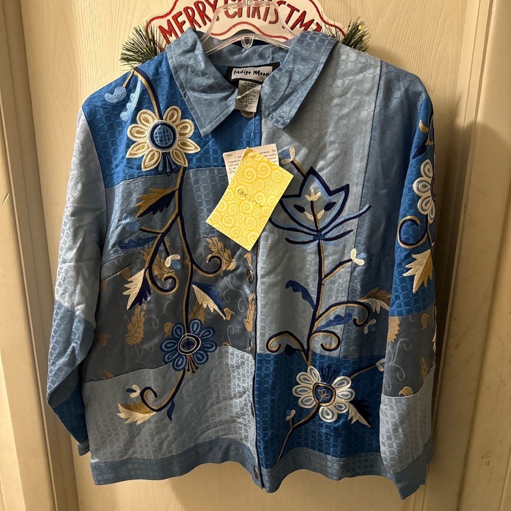 Indigo Moon Jacket Women’s Plus Sz 1X Embroidered Flowers Blue Lined